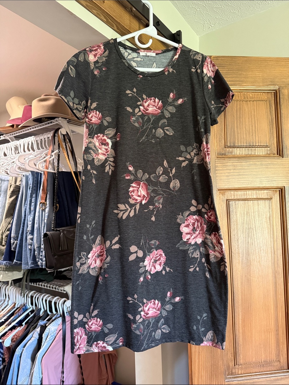 Maurice’s Charcoal Floral Short Sleeve Dress in Pink